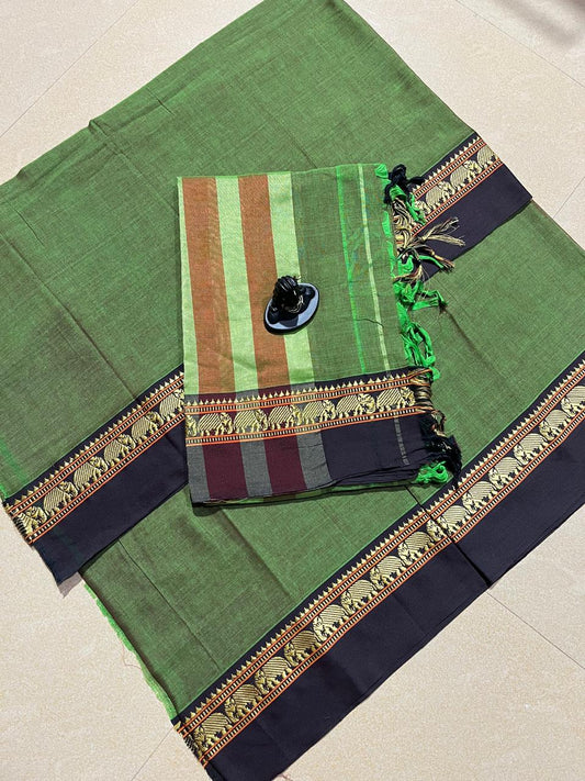 Olive Green with Dark Navy Blue Narayanpet Border – Handloom Cotton Suit Material Set (With Dupatta)