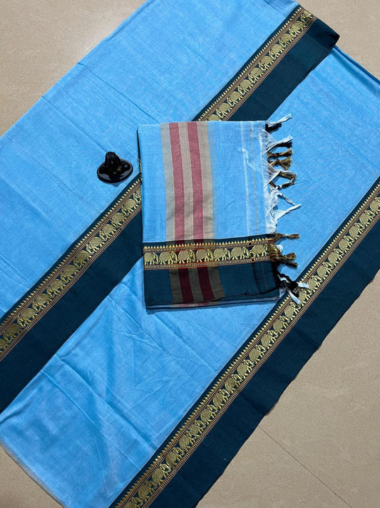 Sky Blue with Dark Blue Narayanpet Border – Handloom Mercerised Cotton Suit Material Set (With Dupatta)