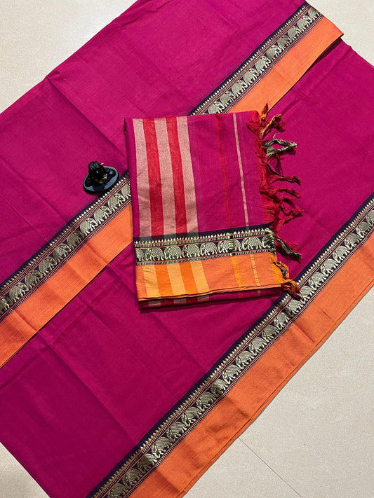 Magenta with Orange Narayanpet Border – Handloom Mercerised Cotton Suit Material Set (With Dupatta)
