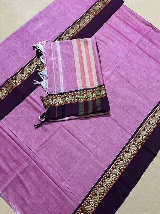 Light Purple with Dark Brown Narayanpet Border – Handloom Mercerised Cotton Suit Material Set (With Dupatta)