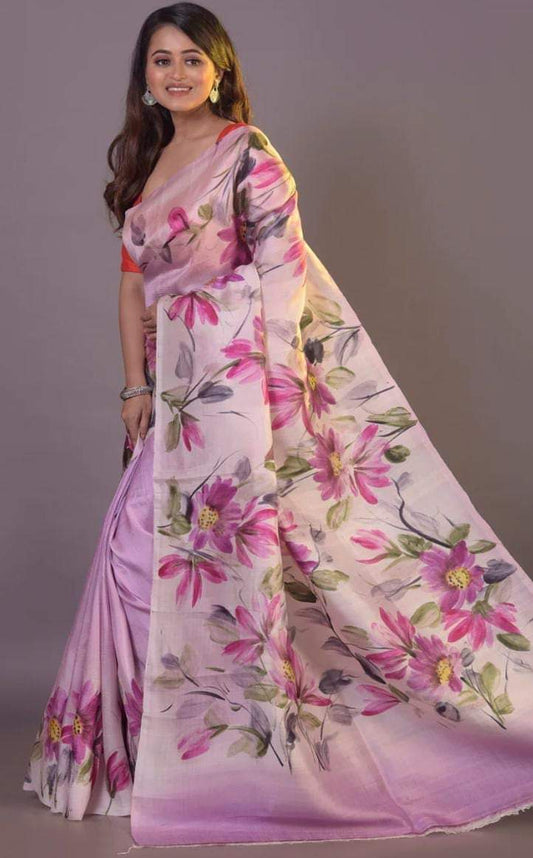 Light Purple Pure Bishnupuri 3-Ply Silk Saree | Hand-Painted Elegance