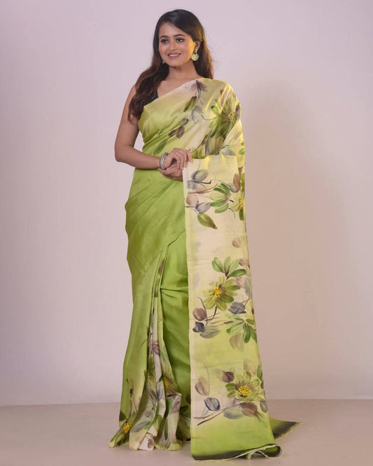 Green Pure Bishnupuri 3-Ply Silk Saree | Hand-Painted Luxury