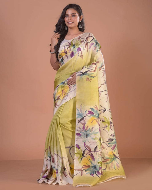 Pastel Lemon-Yellow Pure Bishnupuri 3-Ply Silk Saree | Hand-Painted Elegance