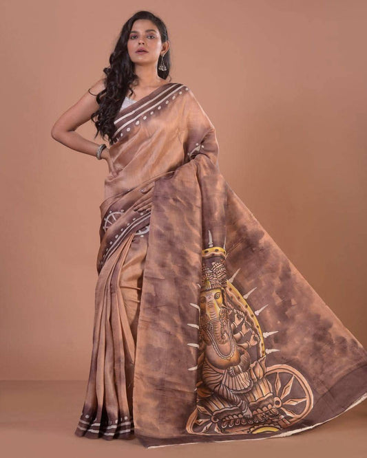 Sandalwood Brown Pure Bishnupuri 3-Ply Silk Saree | Hand-Painted Grandeur