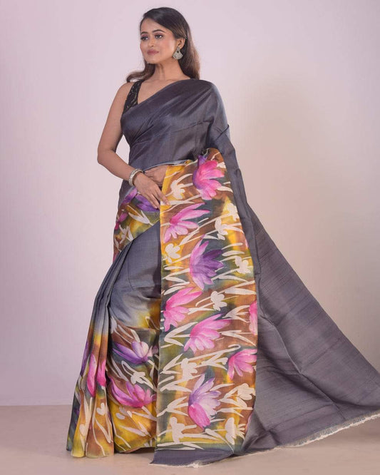 Charcoal Grey Pure Bishnupuri 3-Ply Silk Saree | Hand-Painted Luxury