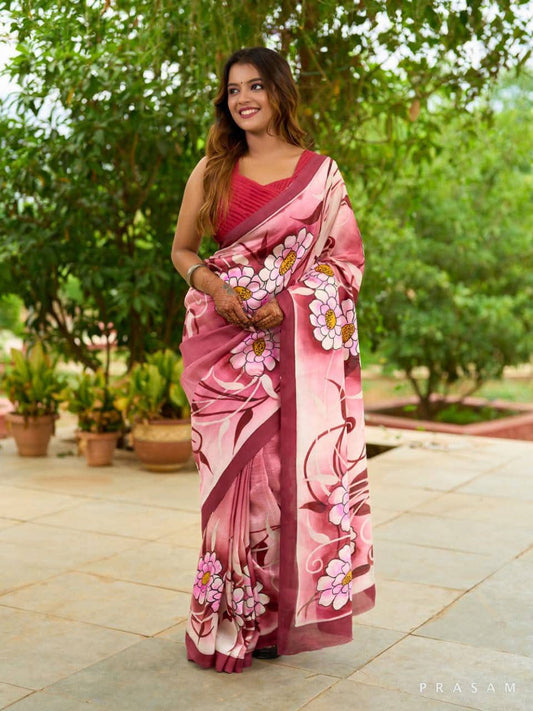 Soft Rose Pink Pure Bishnupuri 3-Ply Silk Saree | Hand-Painted Elegance