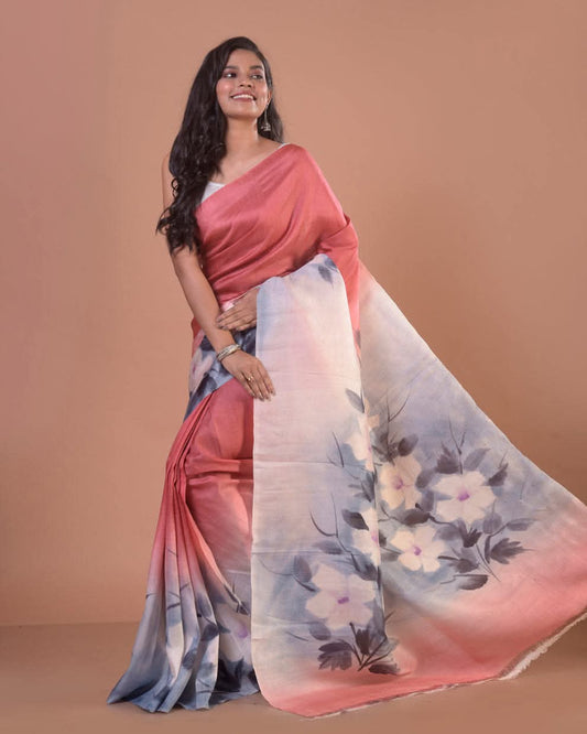 Peach–Rose Pure Bishnupuri 3-Ply Silk Saree | Hand-Painted Grandeur