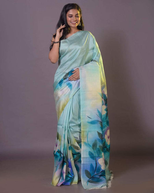 Mint Aqua Pure Bishnupuri 3-Ply Silk Saree | Hand-Painted Elegance