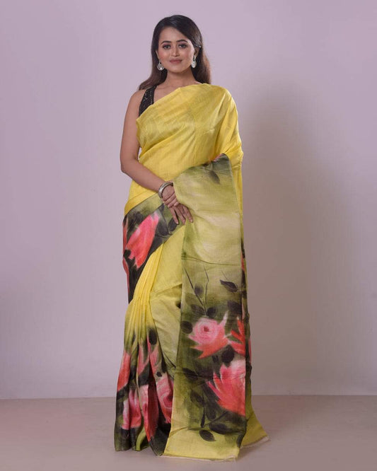 Sunshine Yellow Pure Bishnupuri 3-Ply Silk Saree | Hand-Painted Luxury