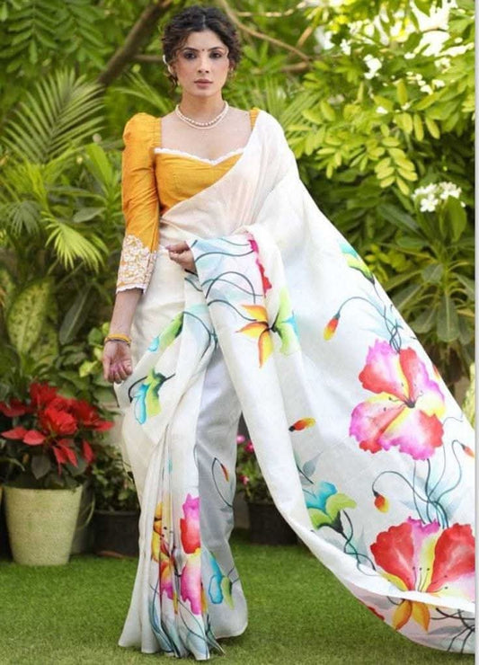 White Pure Bishnupuri 3-Ply Silk Saree | Hand-Painted Elegance
