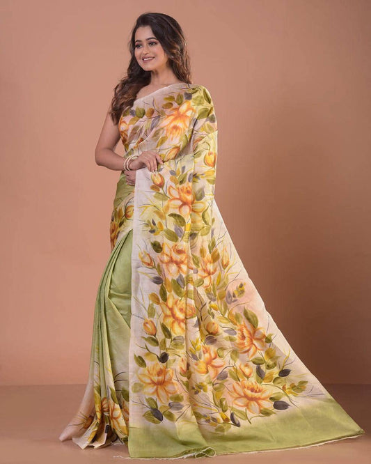 Light Pistachio Green Pure Bishnupuri 3-Ply Silk Saree | Hand-Painted Luxury
