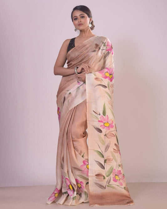 Light Sandalwood Beige Pure Bishnupuri 3-Ply Silk Saree | Hand-Painted Elegance