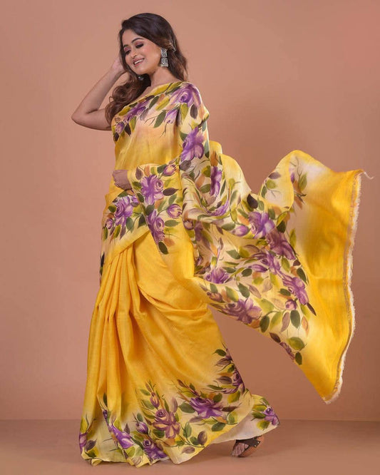 Yellow Pure Bishnupuri 3-Ply Silk Saree | Hand-Painted Grandeur