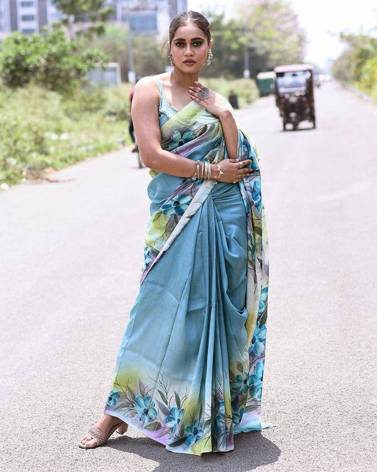 Sky Blue Pure Bishnupuri 3-Ply Silk Saree | Hand-Painted Elegance