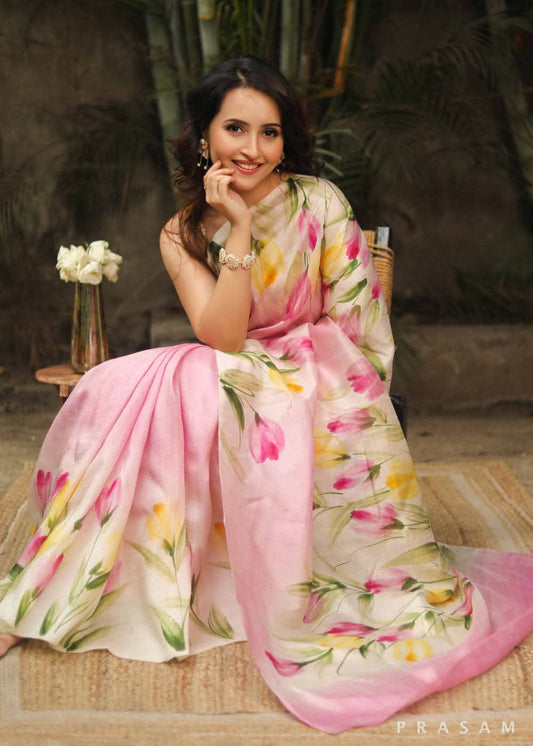 Light Pink Pure Bishnupuri 3-Ply Silk Saree | Hand-Painted Luxury