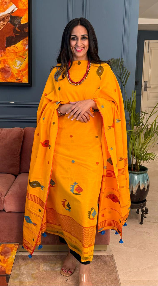 Mustard Pure Tantuja Cotton Suit – 3m Top & 2.5m Dupatta