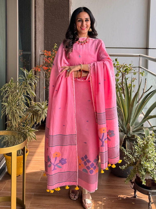 Pink Pure Tantuja Cotton Suit – 3m Top & 2.5m Dupatta (Unstitched)