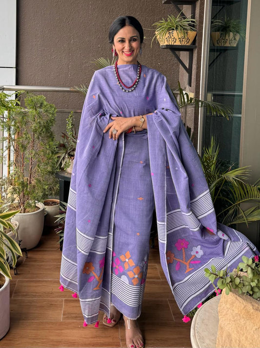 Lavender Pure Tantuja Cotton Suit – 3m Top & 2.5m Dupatta (Unstitched)
