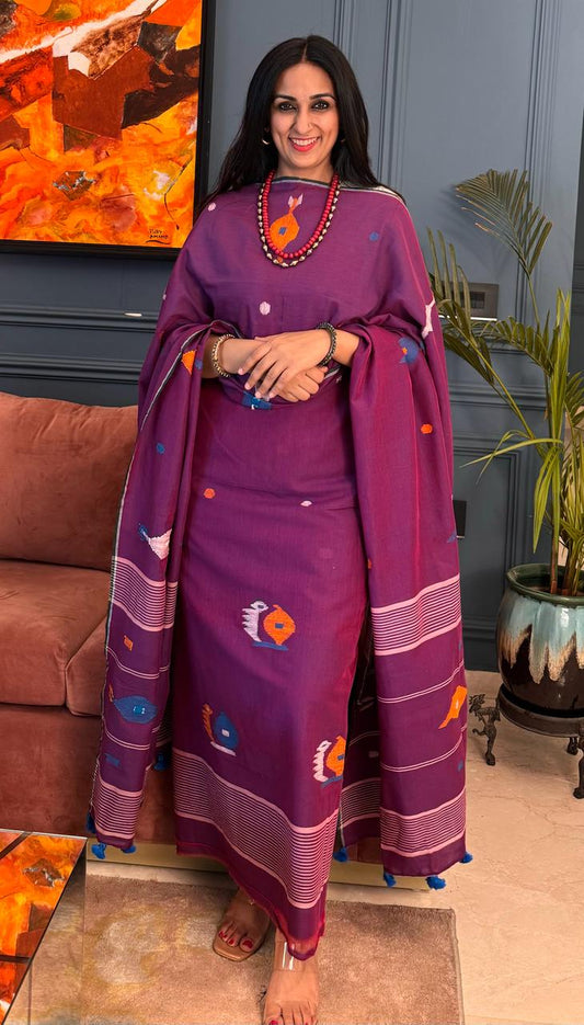 Magenta Pure Tantuja Cotton Suit – 3m Top & 2.5m Dupatta (Unstitched)