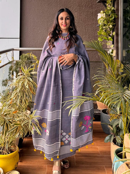 Dusty Greyish-Purple Pure Tantuja Cotton Suit – 3m Top & 2.5m Dupatta (Unstitched)