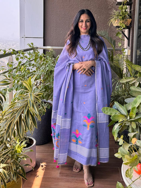 Light Purple Pure Tantuja Cotton Suit – 3m Top & 2.5m Dupatta (Unstitched)