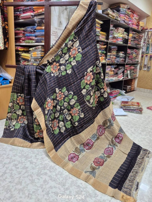 Black Handpainted Kalamkari Tussar Silk Saree with Blouse Piece – 6.5m