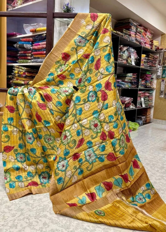 Yellow Handpainted Kalamkari Tussar Silk Saree with Blouse – 6.5m