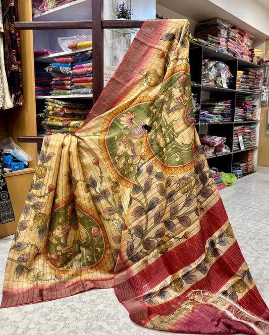 cream Handpainted Kalamkari Tussar Silk Saree with Blouse – 6.5m