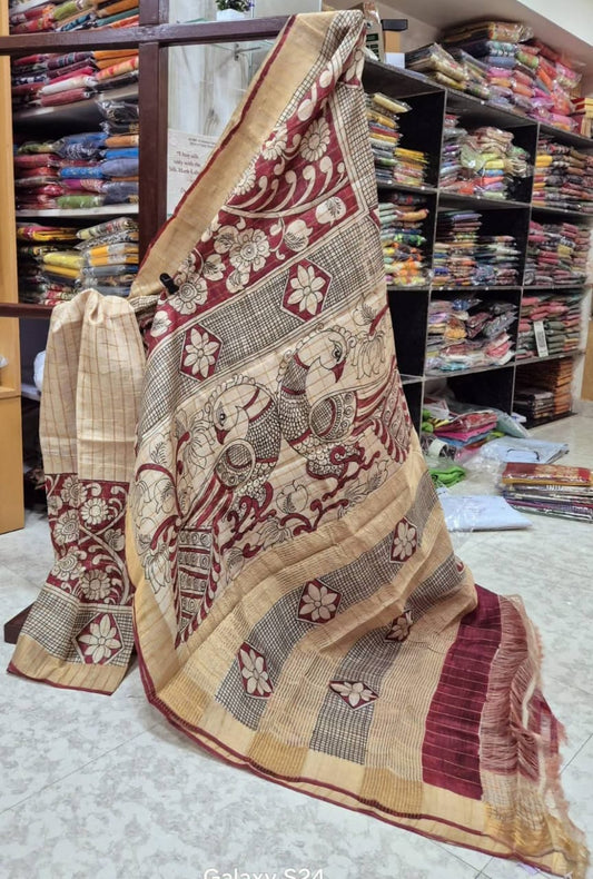 Cream & Maroon Handpainted Kalamkari Tussar Silk Saree with Blouse – 6.5m