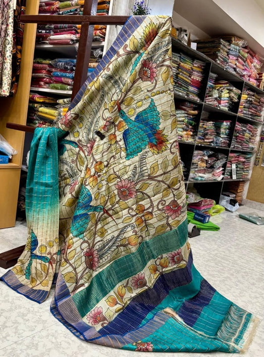 Off-White Handpainted Kalamkari Tussar Silk Saree with Blouse – 6.5m