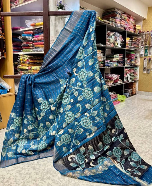 Deep Blue Handpainted Kalamkari Tussar Silk Saree with Blouse – 6.5m