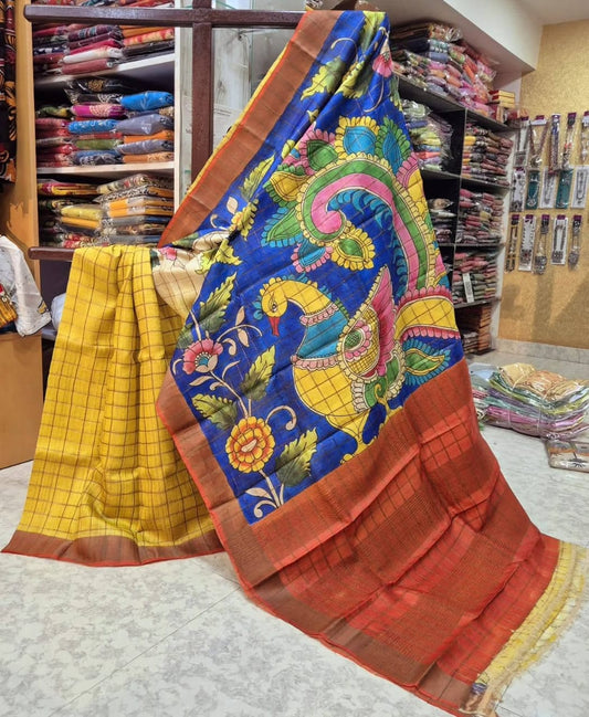 Yellow & Blue Handpainted Kalamkari Tussar Silk Saree with Blouse – 6.5m