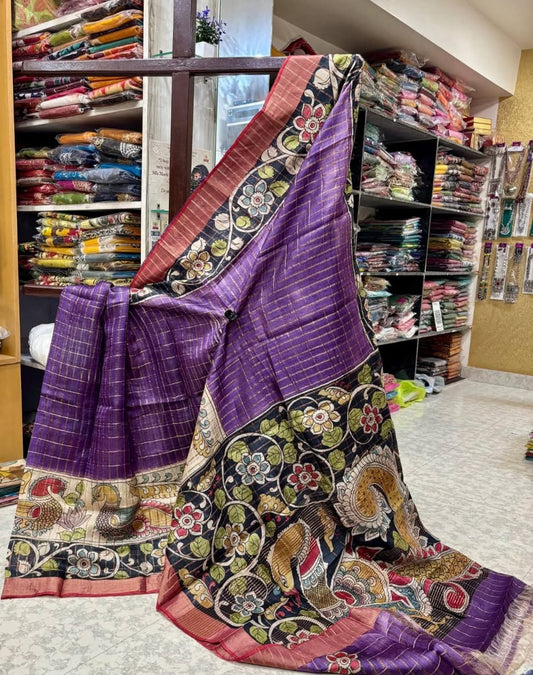 Deep Purple Handpainted Kalamkari Tussar Silk Saree with Blouse – 6.5m