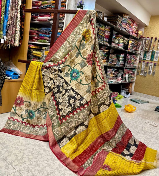 Mustard Yellow Handpainted Kalamkari Tussar Silk Saree with Blouse – 6.5m