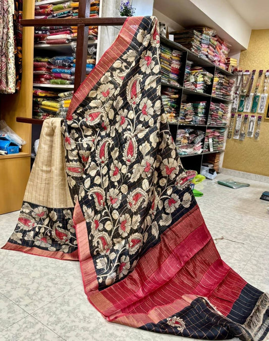 Cream & Black Handpainted Kalamkari Tussar Silk Saree with Blouse – 6.5m