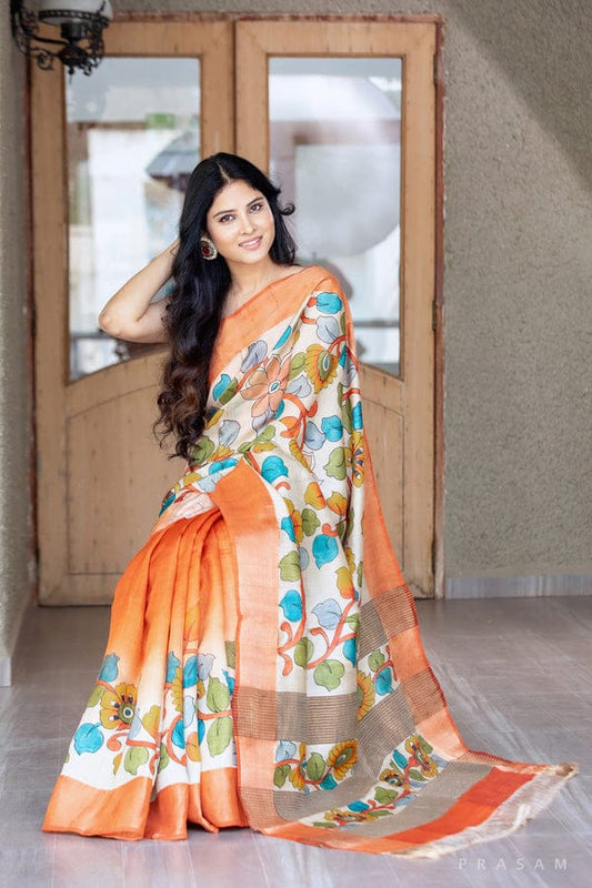 Off-White Handpainted Kalamkari Tussar Silk Saree with Blouse – 6.5m