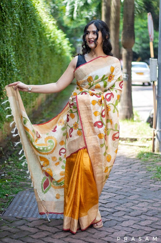 Golden Mustard & Off-White Handpainted Kalamkari Tussar Silk Saree with Blouse – 6.5m