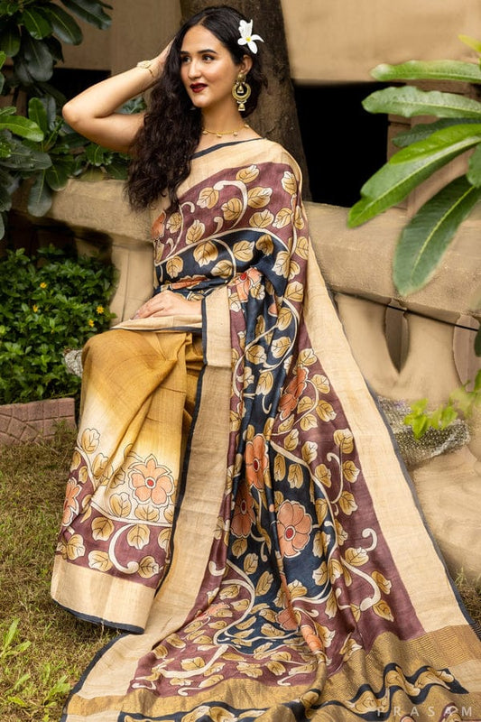 Golden Ochre & Deep Maroon Handpainted Kalamkari Tussar Silk Saree with Blouse – 6.5m