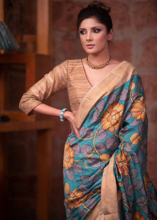 Muted Teal Blue Handpainted Kalamkari Tussar Silk Saree with Blouse – 6.5m