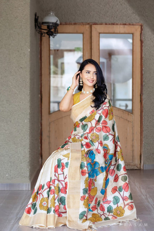 Soft Off-White Handpainted Kalamkari Tussar Silk Saree with Blouse – 6.5m