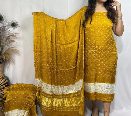 🌟 Golden Yellow Pure Modal Silk Bandhej 3 Piece Suit Set 🌟