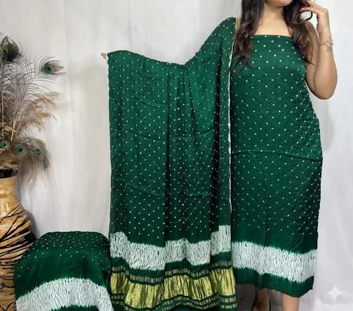 🌿 Bottle Green Pure Modal Silk Bandhej 3 Piece Suit Set 🌿