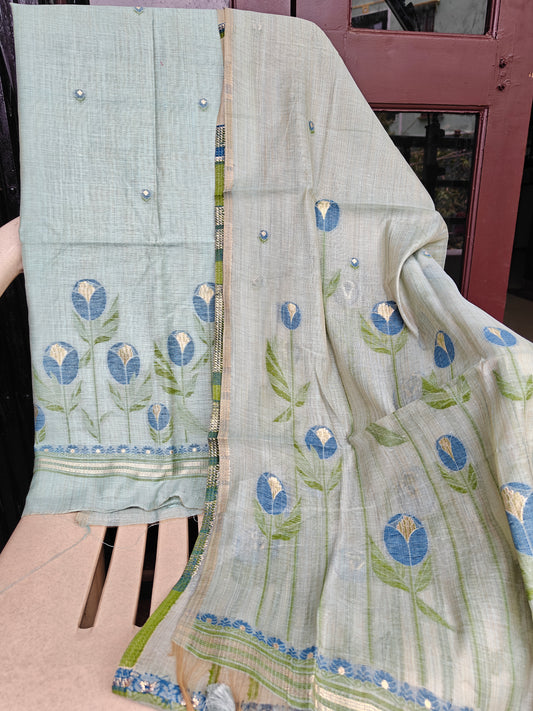 Light Blue Pure Chanderi Jamdani Suit with Bottom