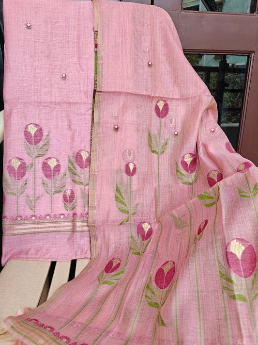 Pink Pure Chanderi Jamdani Suit with Bottom