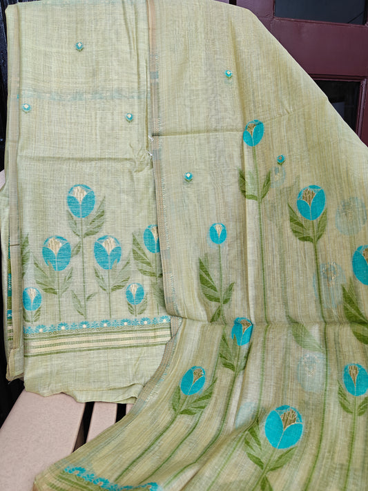 Light Pastel Green Pure Chanderi Jamdani Suit with Bottom