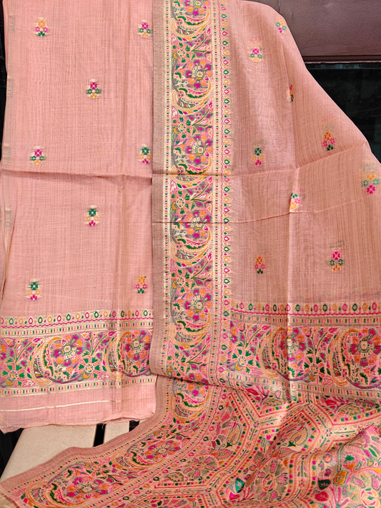 Peach Pink Pure Meenakari Jamdani Suit with Bottom