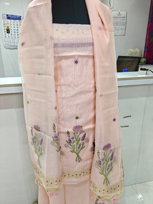 Soft Baby Pink Pure Chanderi Jamdani Suit with Bottom