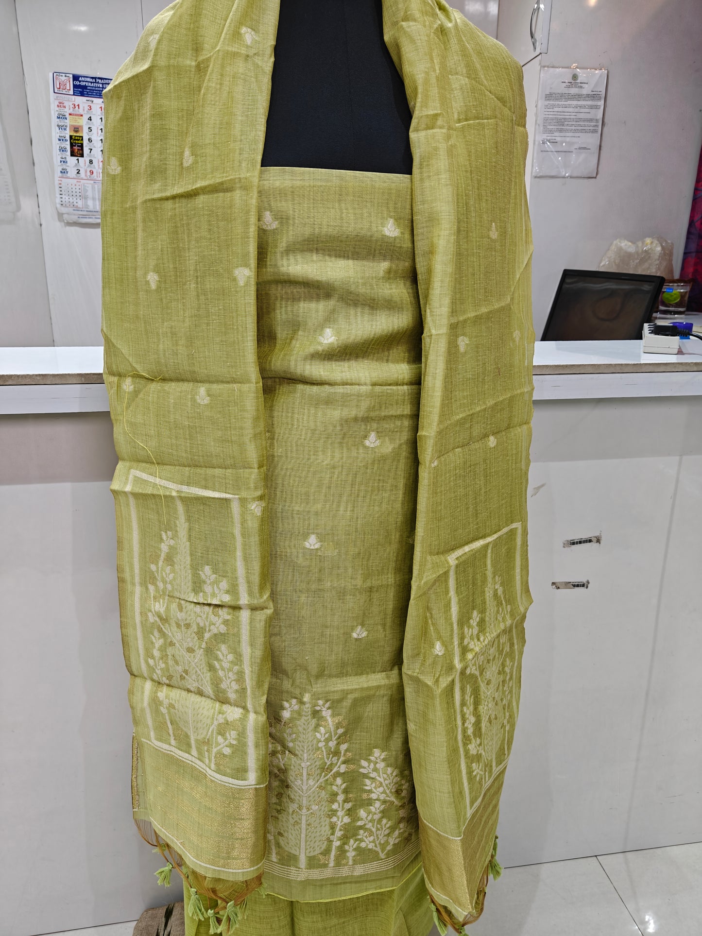 Fresh Parrot Green Pure Chanderi Jamdani Suit with Bottom