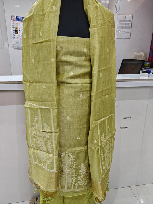 Fresh Parrot Green Pure Chanderi Jamdani Suit with Bottom