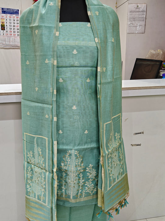 Soothing Sea Green Pure Chanderi Jamdani Suit with Bottom